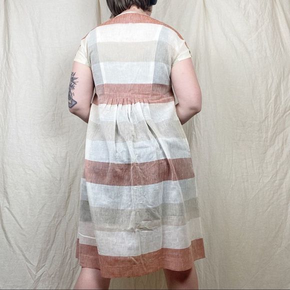 Vintage 70s Striped Buttons Pockets Summer Cap Sleeve Sheer A Line Linen Dress S - Picture 4 of 12